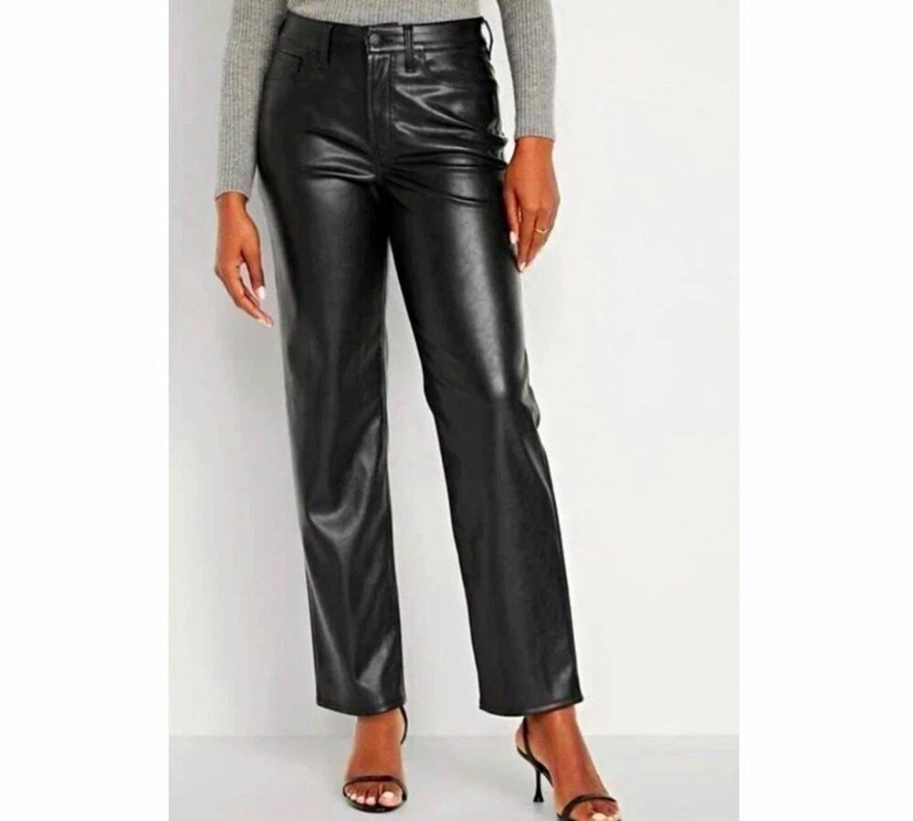 Old Navy High-Rise OG Loose Faux Leather Straight Leg Pants Black Pockets 22